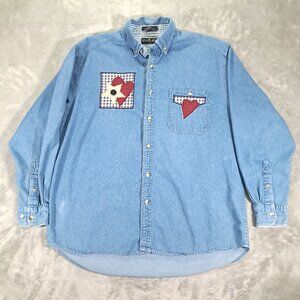 Luna Pier Blue Denim Shirt Women Medium Heart Embroidered Button Down